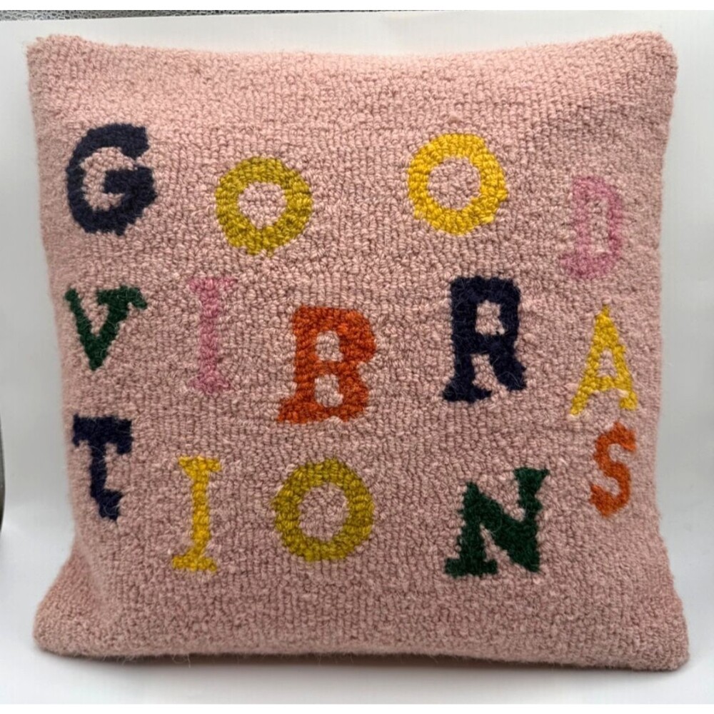Pink Hooked Wool Pillow Cover Good Vibrations 18" Square - Picture 3 of 11
